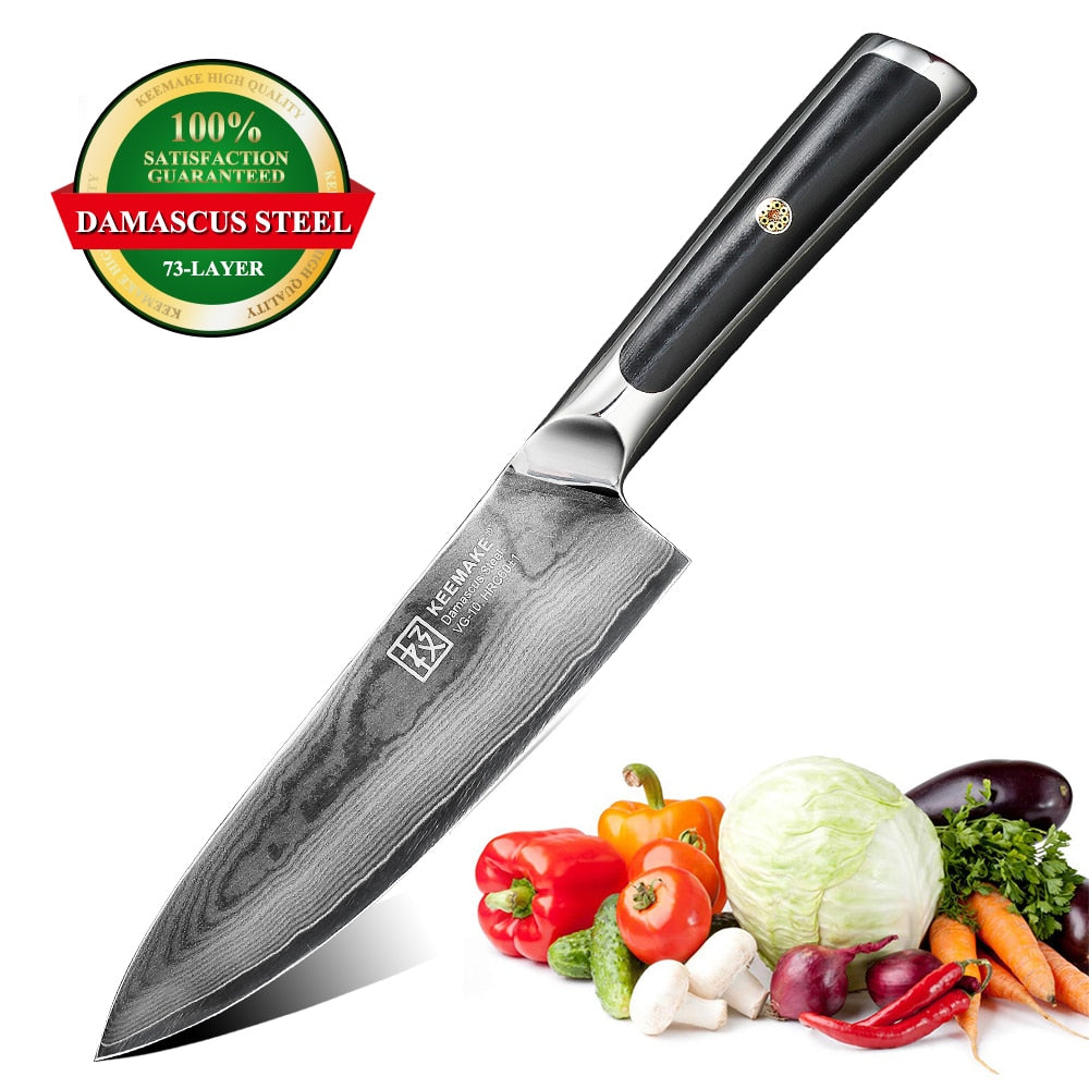 KEEMAKE Damascus Knives 8'' / 6.5 Chef Knife Japanese VG10 Core Blade –  Javi's Rockin' Kitchen